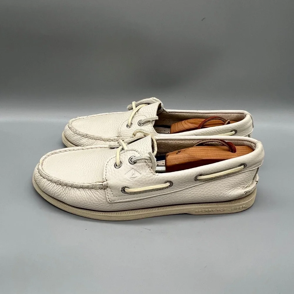 Sperry Shoes Mens 9 White Leather Top Sider A/O 2-Eye Boat Deck Loafers Nautical